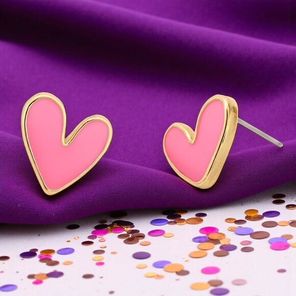 🆕Pink Enamel Heart Stud Earrings Gold Tone Hypoallergenic Gift for Girls & Teen - Picture 9 of 11